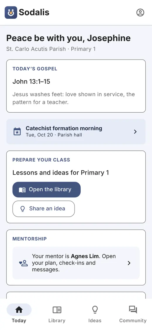 The Sodalis Today screen: the Gospel of the day, the next class and recent prayer intentions